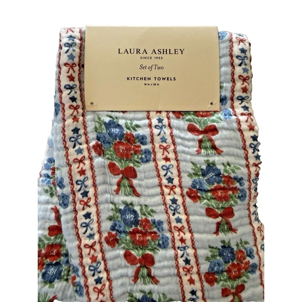 Laura Ashley Kitchen Dish Towels Blue Red Floral 100% Cotton Gauze Set of 2
